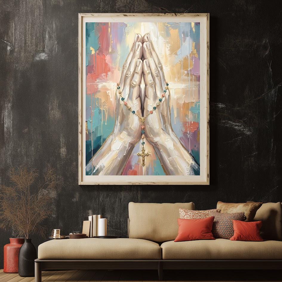 Praying Hands Wall Art, Rosary Christian Canvas Print for Prayer Room — Framed Print wall art