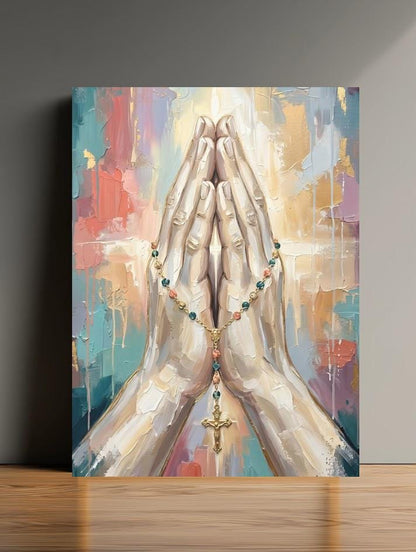 Praying Hands Wall Art, Rosary Christian Canvas Print for Prayer Room — Poster wall art
