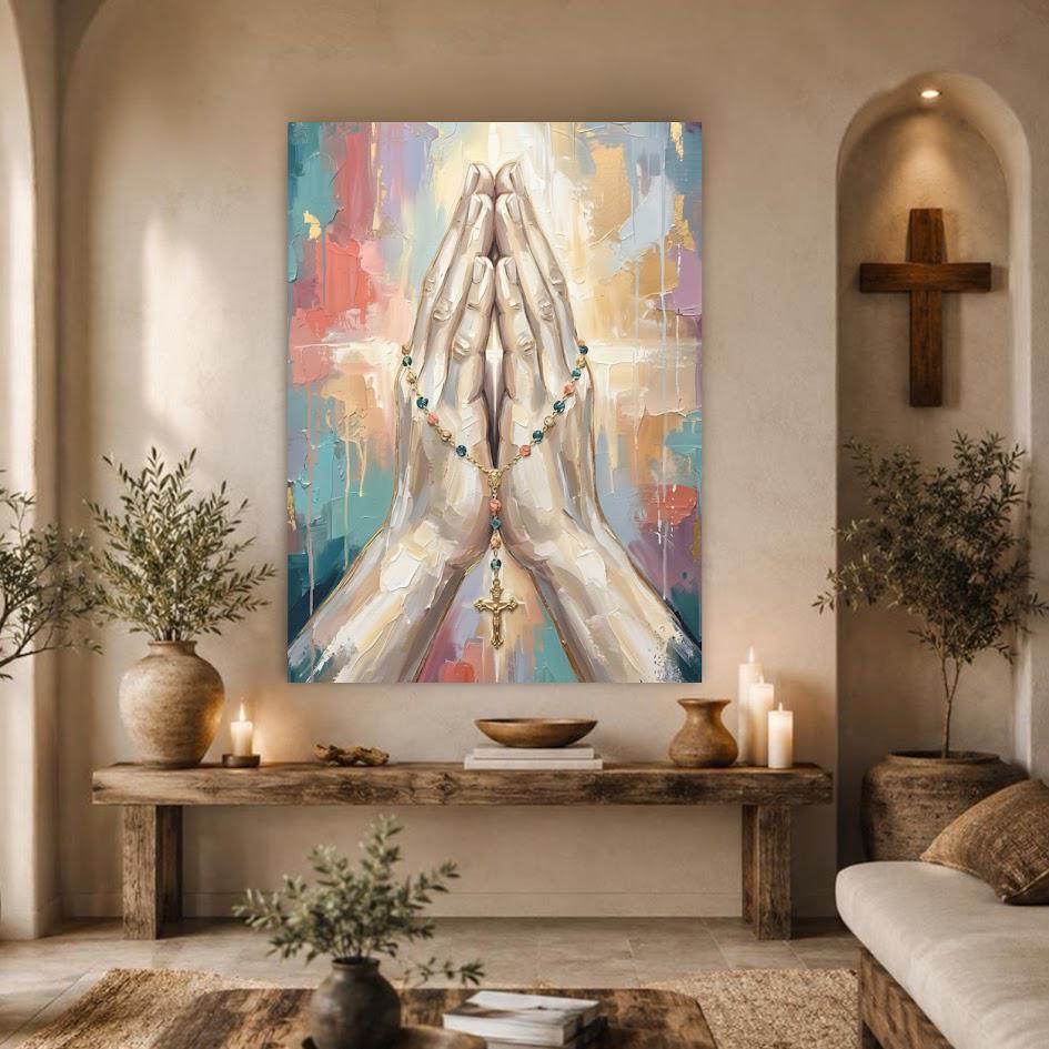 Praying Hands Wall Art, Rosary Christian Canvas Print for Prayer Room — Framed Print wall art