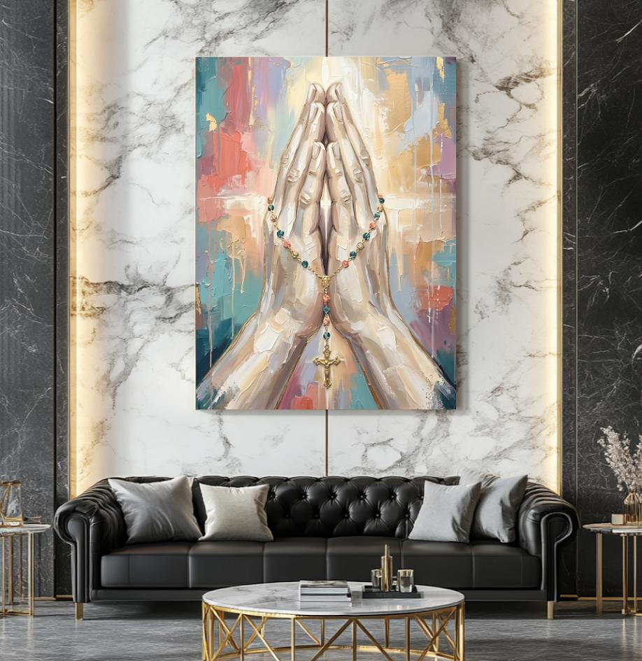 Praying Hands Wall Art, Rosary Christian Canvas Print for Prayer Room — Framed Print wall art