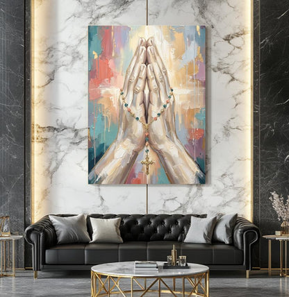 Praying Hands Wall Art, Rosary Christian Canvas Print for Prayer Room — Framed Print wall art