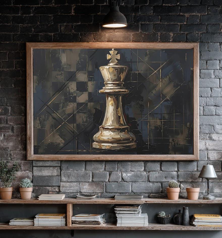 Chess King Canvas Wall Art, Black Gold Strategy Print for Office — Framed Print wall art