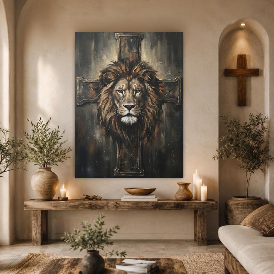 Christian Lion Wall Art, Lion and Cross Canvas Print for Prayer Room — Framed Print wall art