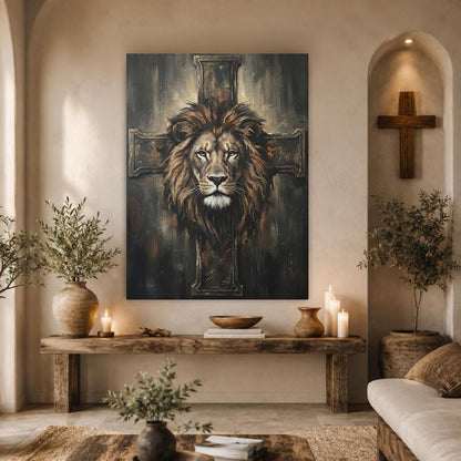Christian Lion Wall Art, Lion and Cross Canvas Print for Prayer Room — Framed Print wall art