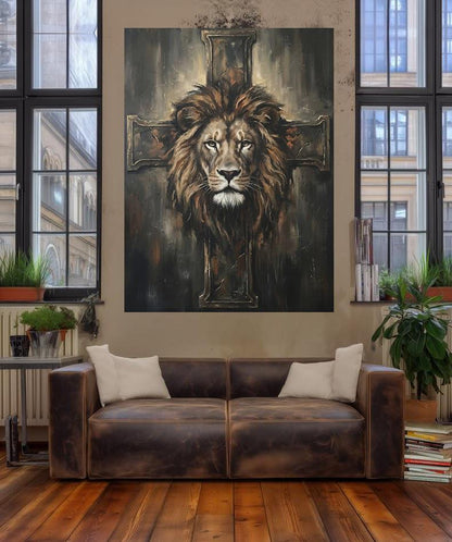 Christian Lion Wall Art, Lion and Cross Canvas Print for Prayer Room — Framed Print wall art