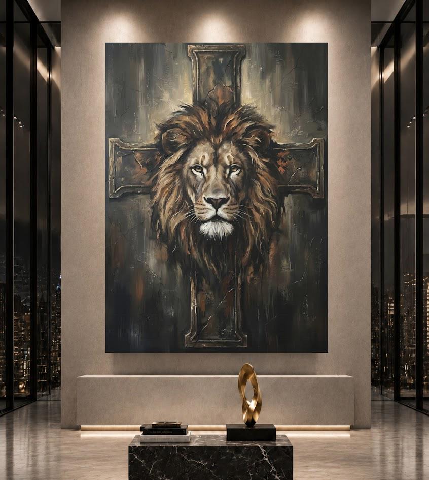 Christian Lion Wall Art, Lion and Cross Canvas Print for Prayer Room — Framed Print wall art