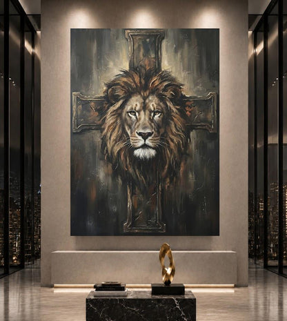 Christian Lion Wall Art, Lion and Cross Canvas Print for Prayer Room — Framed Print wall art