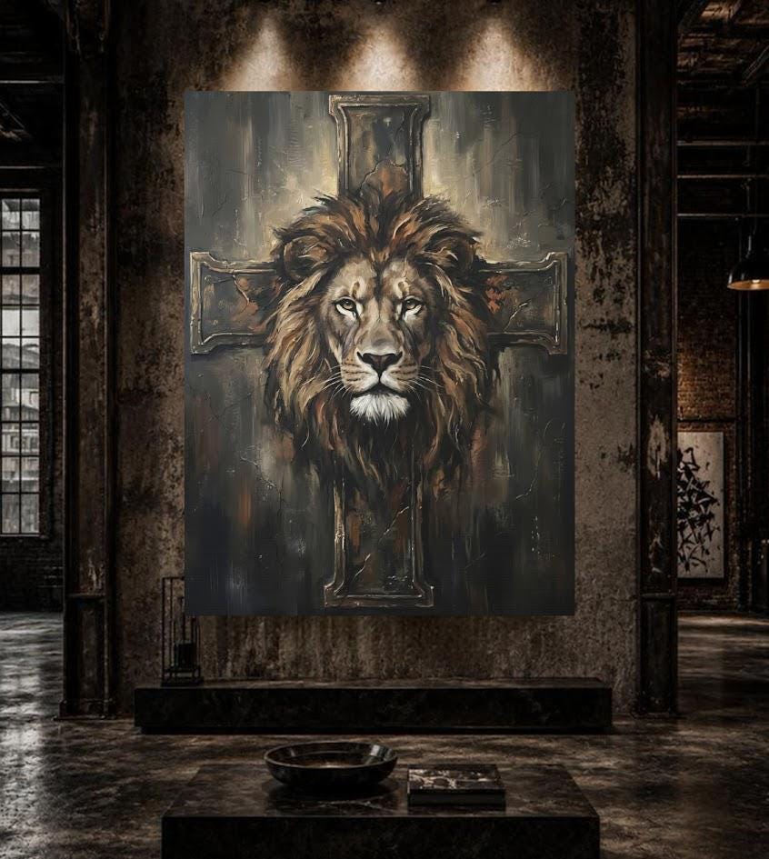 Christian Lion Wall Art, Lion and Cross Canvas Print for Prayer Room — Framed Print wall art