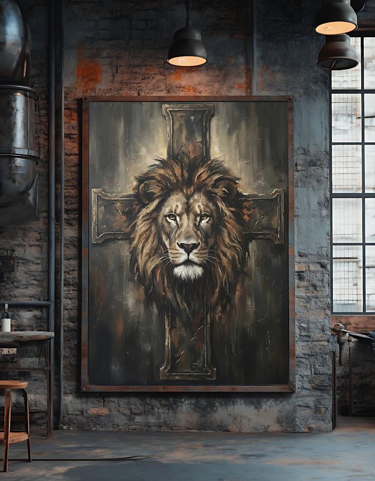 Christian Lion Wall Art, Lion and Cross Canvas Print for Prayer Room — Framed Print wall art