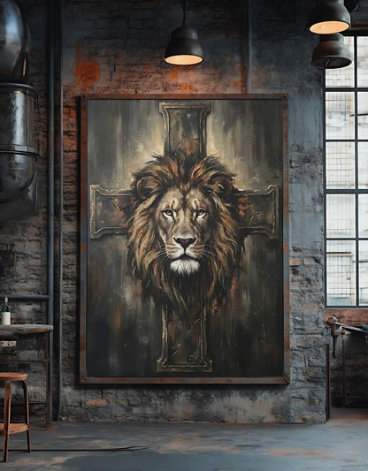 Christian Lion Wall Art, Lion and Cross Canvas Print for Prayer Room — Framed Print wall art