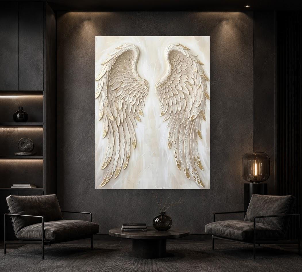 Angel Wings Wall Art, White Gold Christian Canvas for Prayer Room — Framed Print wall art