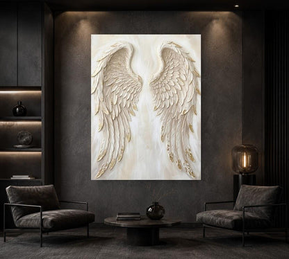 Angel Wings Wall Art, White Gold Christian Canvas for Prayer Room — Framed Print wall art