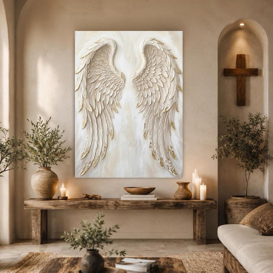 Angel Wings Wall Art, White Gold Christian Canvas for Prayer Room — Framed Print wall art