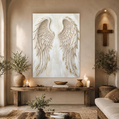 Angel Wings Wall Art, White Gold Christian Canvas for Prayer Room — Framed Print wall art