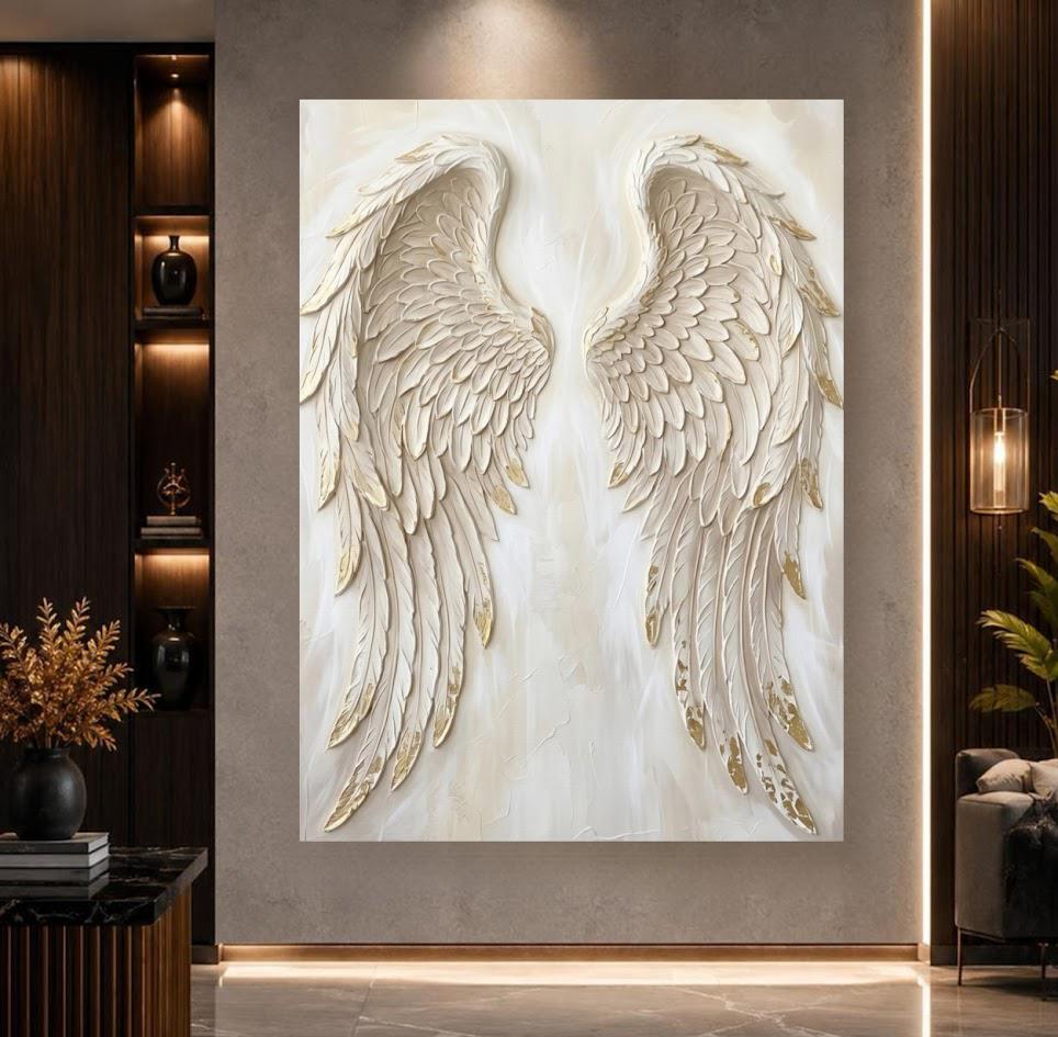 Angel Wings Wall Art, White Gold Christian Canvas for Prayer Room — Framed Print wall art