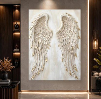Angel Wings Wall Art, White Gold Christian Canvas for Prayer Room — Framed Print wall art