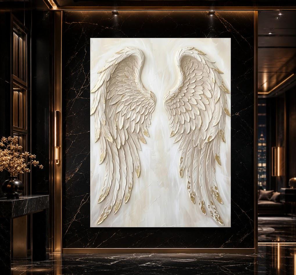 Angel Wings Wall Art, White Gold Christian Canvas for Prayer Room — Framed Print wall art