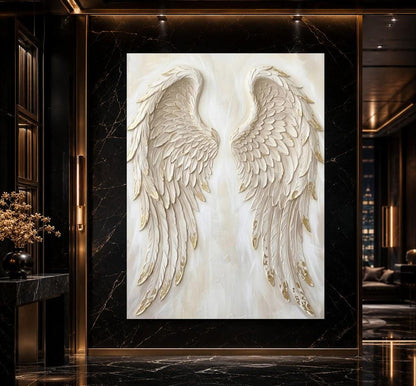 Angel Wings Wall Art, White Gold Christian Canvas for Prayer Room — Framed Print wall art