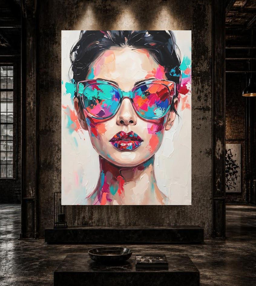 Fashion Woman Wall Art, Colorful Sunglasses Canvas Print for Glam Room — Framed Print wall art