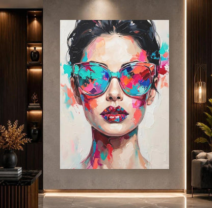 Fashion Woman Wall Art, Colorful Sunglasses Canvas Print for Glam Room — Framed Print wall art