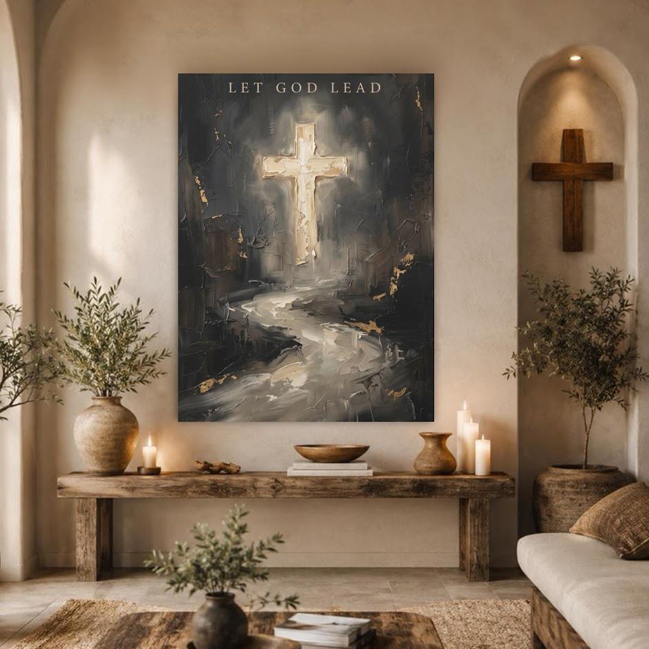 Let God Lead Wall Art, Dark Christian Cross Canvas Print — Framed Print wall art