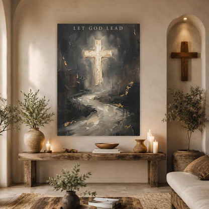 Let God Lead Wall Art, Dark Christian Cross Canvas Print — Framed Print wall art