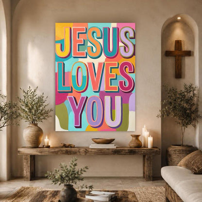 Jesus Loves You Wall Art, Colorful Christian Poster or Canvas Print — Framed Print wall art