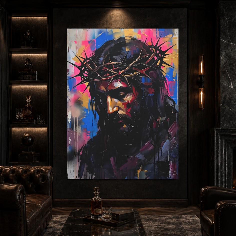 Jesus Crown of Thorns Wall Art, Colorful Christian Canvas Print — Framed Print wall art