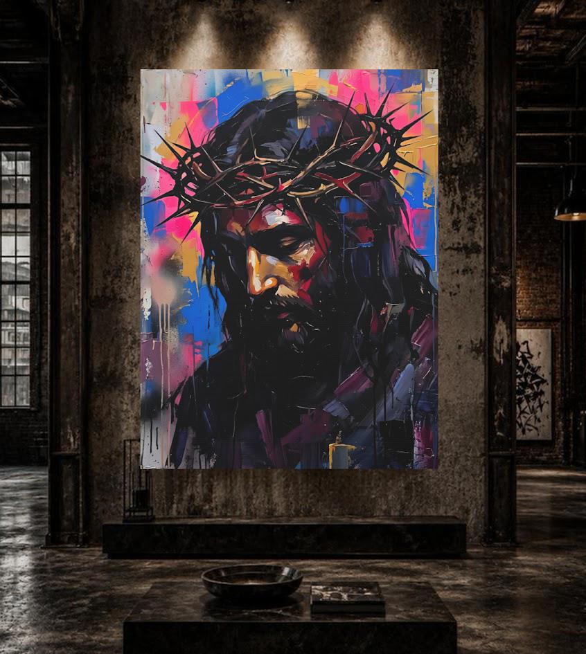 Jesus Crown of Thorns Wall Art, Colorful Christian Canvas Print — Framed Print wall art