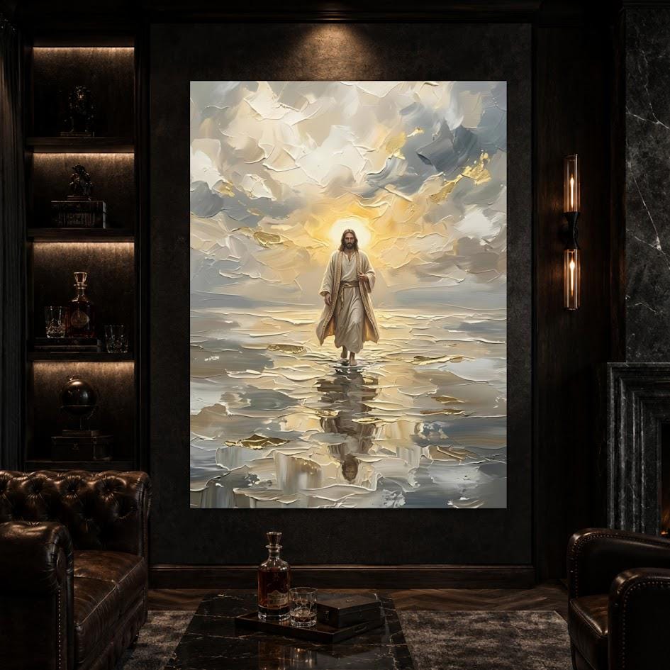 Jesus Walking on Water Wall Art, Christian Canvas Print for Prayer Room — Framed Print wall art