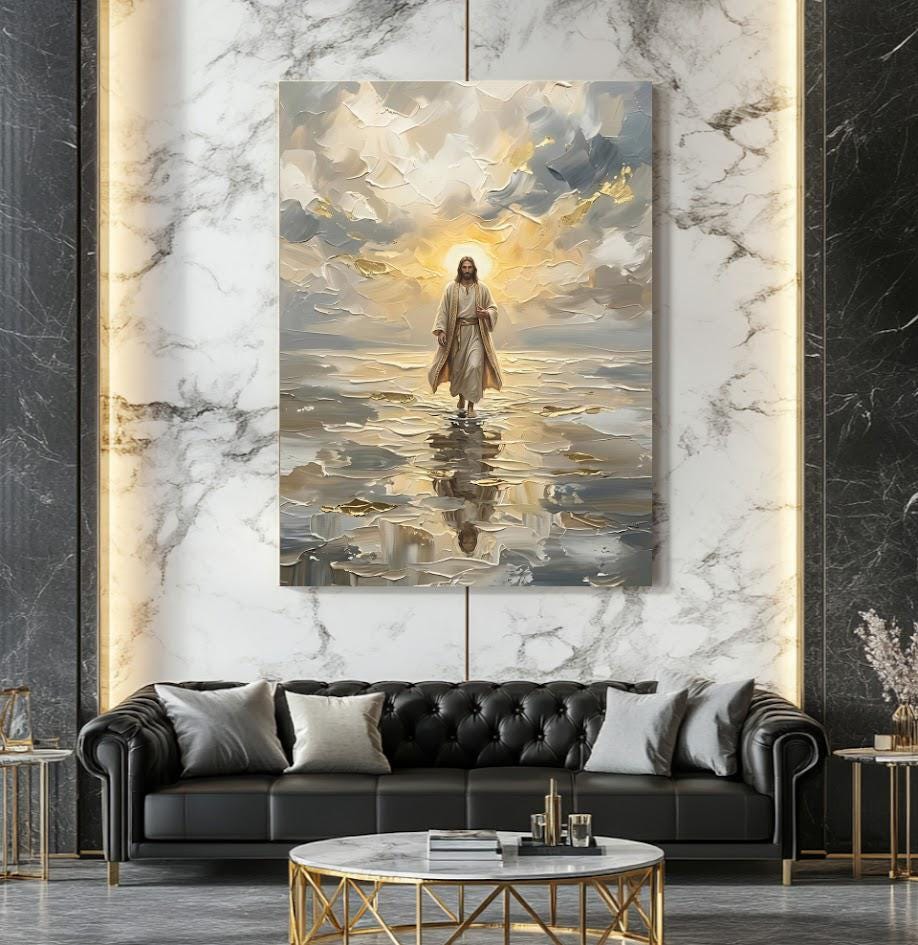 Jesus Walking on Water Wall Art, Christian Canvas Print for Prayer Room — Framed Print wall art