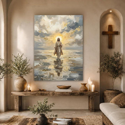 Jesus Walking on Water Wall Art, Christian Canvas Print for Prayer Room — Framed Print wall art