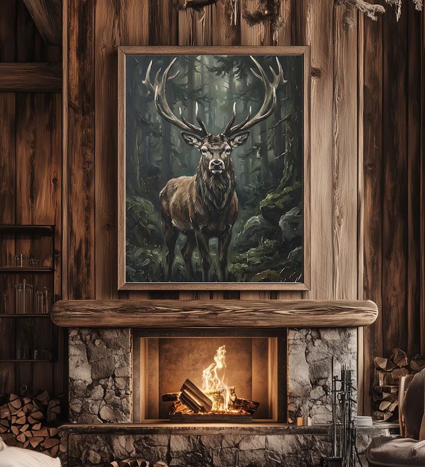 Stag Deer Wall Art, Moody Forest Wildlife Canvas Print — Framed Print wall art