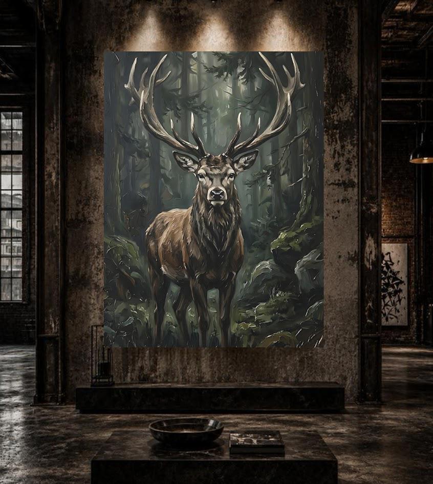 Stag Deer Wall Art, Moody Forest Wildlife Canvas Print — Framed Print wall art