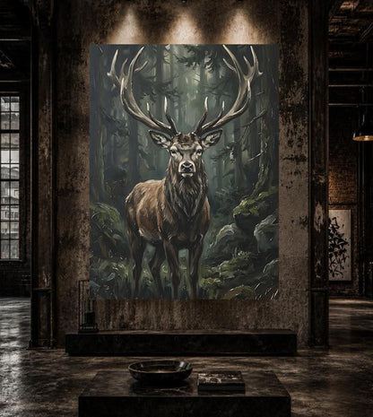 Stag Deer Wall Art, Moody Forest Wildlife Canvas Print — Framed Print wall art