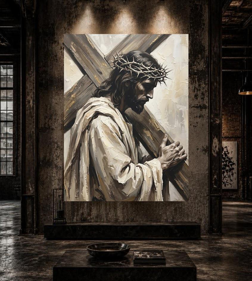 Jesus Carrying Cross Wall Art, Crown of Thorns Christian Canvas Print — Framed Print wall art