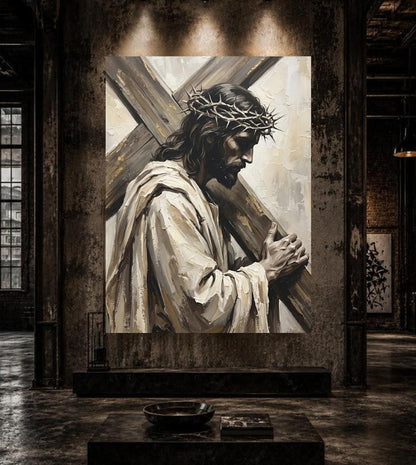 Jesus Carrying Cross Wall Art, Crown of Thorns Christian Canvas Print — Framed Print wall art