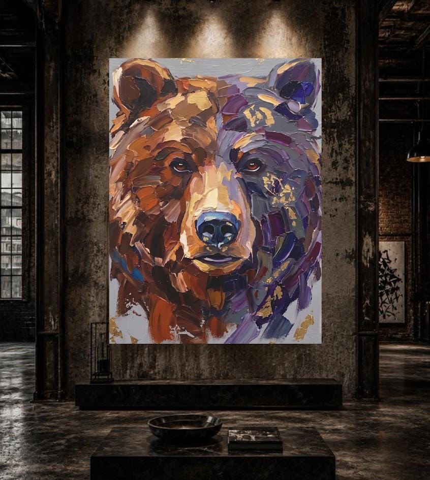 Bear Canvas Wall Art, Abstract Wildlife Portrait for Cabin Decor — Framed Print wall art