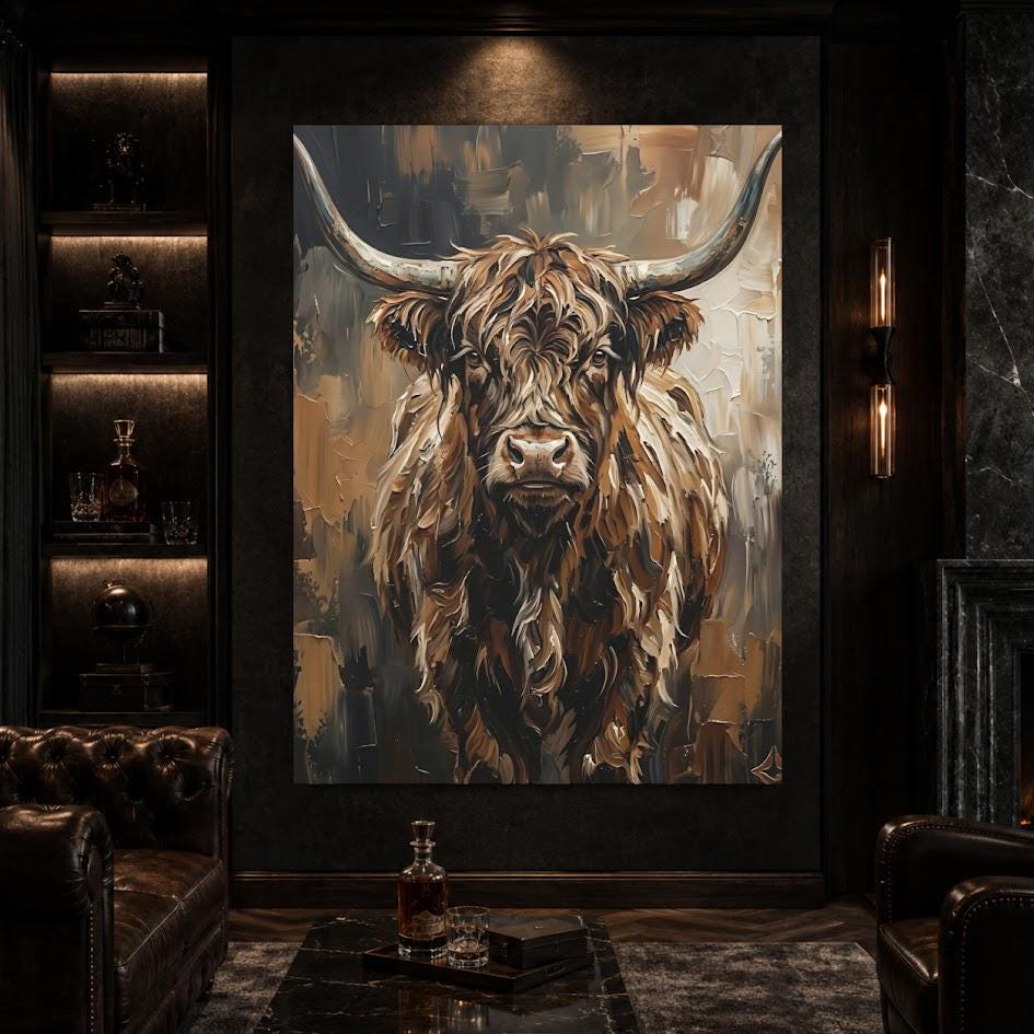 Highland Cow Wall Art, Rustic Farmhouse Canvas Print for Cabin Decor — Framed Print wall art