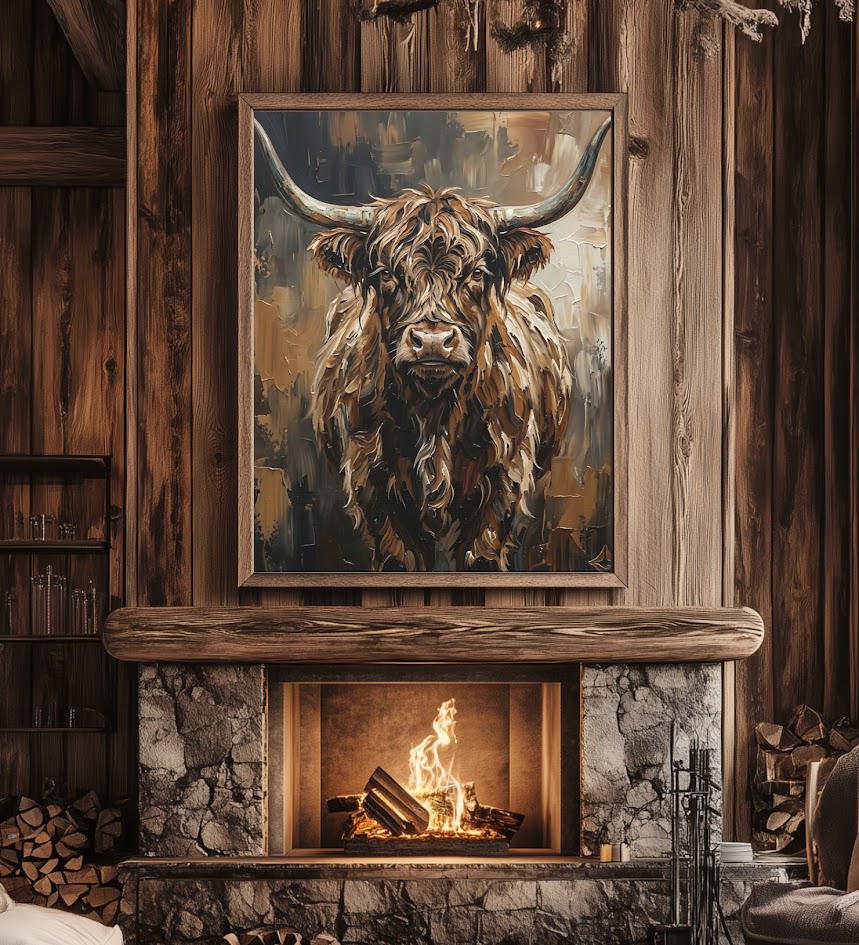 Highland Cow Wall Art, Rustic Farmhouse Canvas Print for Cabin Decor — Framed Print wall art