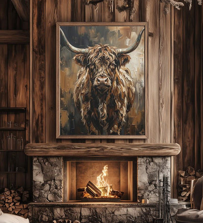 Highland Cow Wall Art, Rustic Farmhouse Canvas Print for Cabin Decor — Framed Print wall art