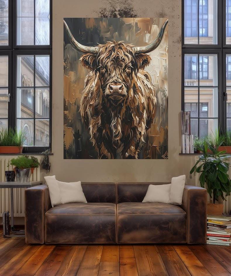 Highland Cow Wall Art, Rustic Farmhouse Canvas Print for Cabin Decor — Framed Print wall art