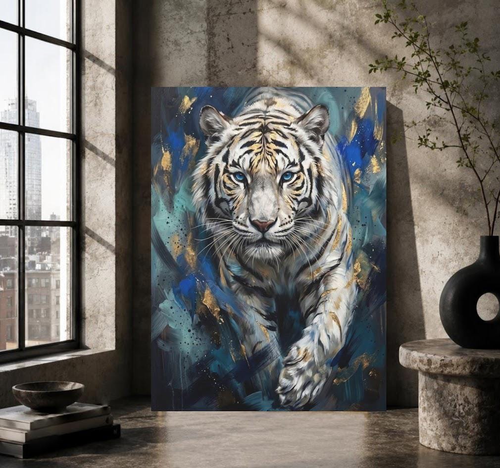 White Tiger Wall Art, Blue Eyes Wildlife Canvas Print for Living Room — Framed Print wall art