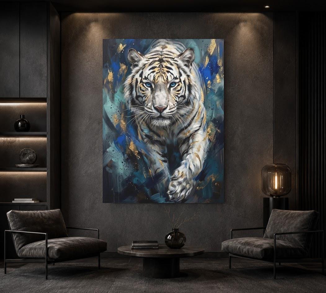White Tiger Wall Art, Blue Eyes Wildlife Canvas Print for Living Room — Framed Print wall art