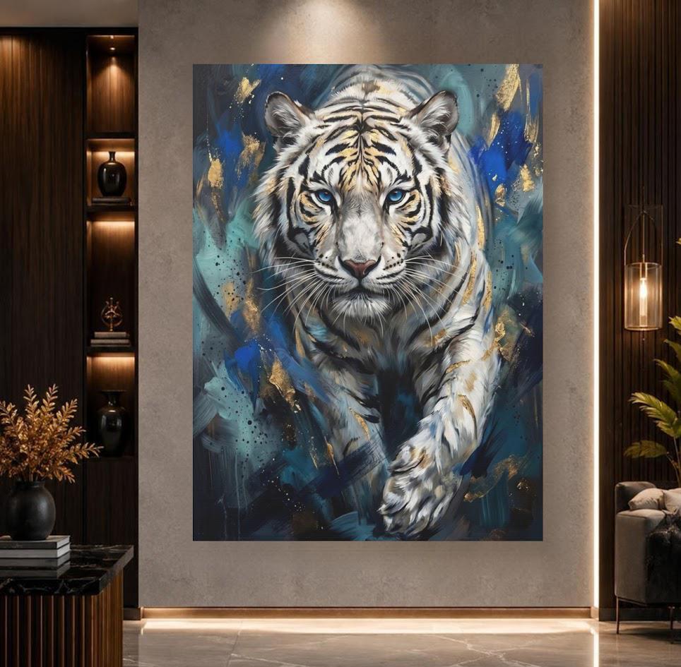 White Tiger Wall Art, Blue Eyes Wildlife Canvas Print for Living Room — Framed Print wall art