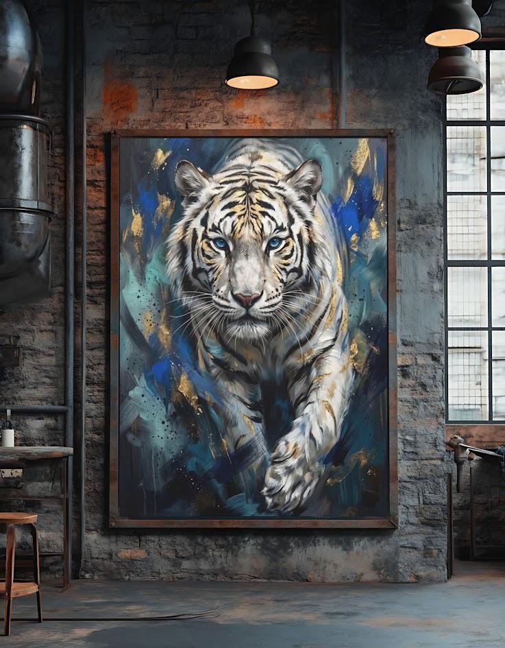 White Tiger Wall Art, Blue Eyes Wildlife Canvas Print for Living Room — Framed Print wall art