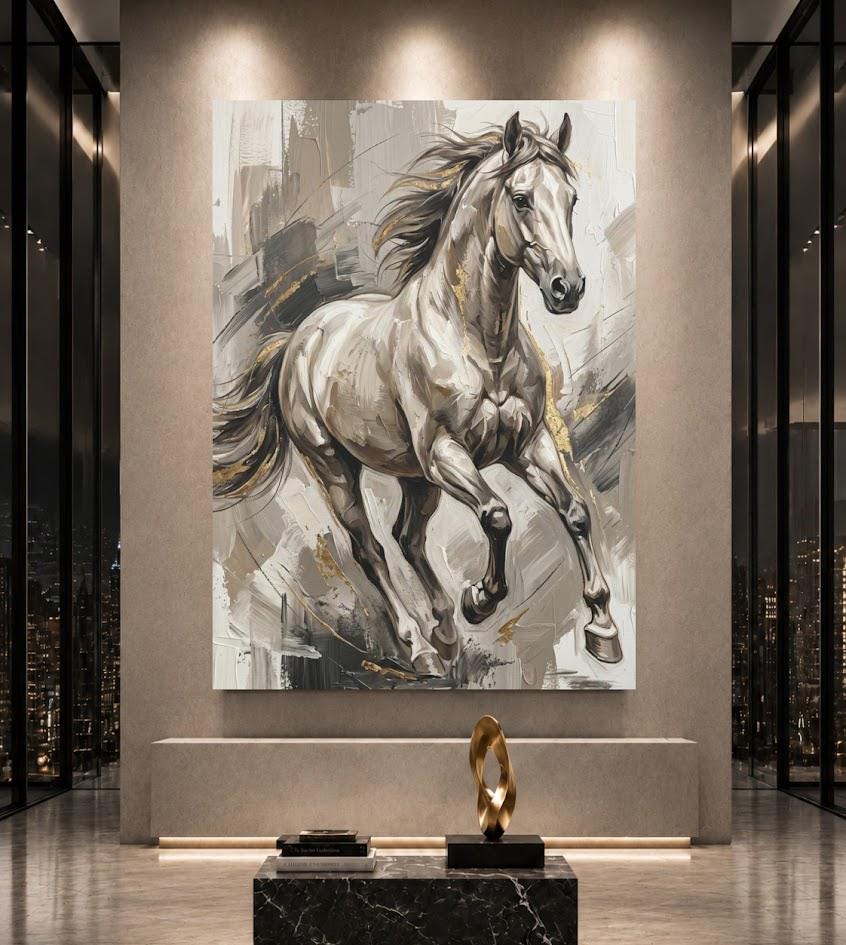 White Horse Wall Art, Neutral Equestrian Canvas Print with Gold Accents — Framed Print wall art