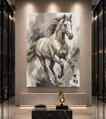 White Horse Wall Art, Neutral Equestrian Canvas Print with Gold Accents — Framed Print wall art