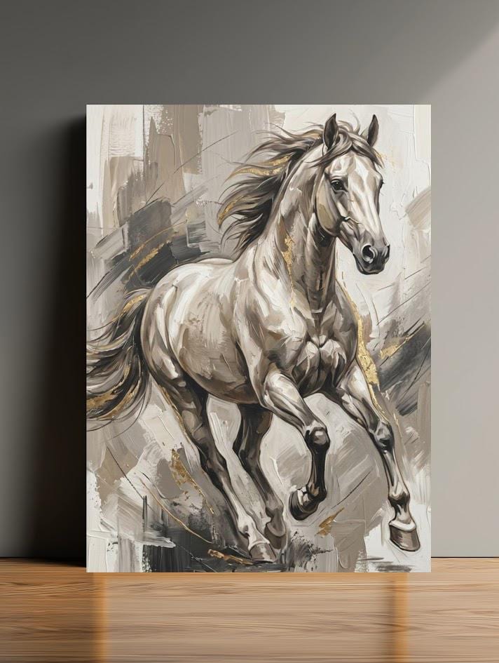 White Horse Wall Art, Neutral Equestrian Canvas Print with Gold Accents — Poster wall art