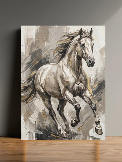 White Horse Wall Art, Neutral Equestrian Canvas Print with Gold Accents — Poster wall art